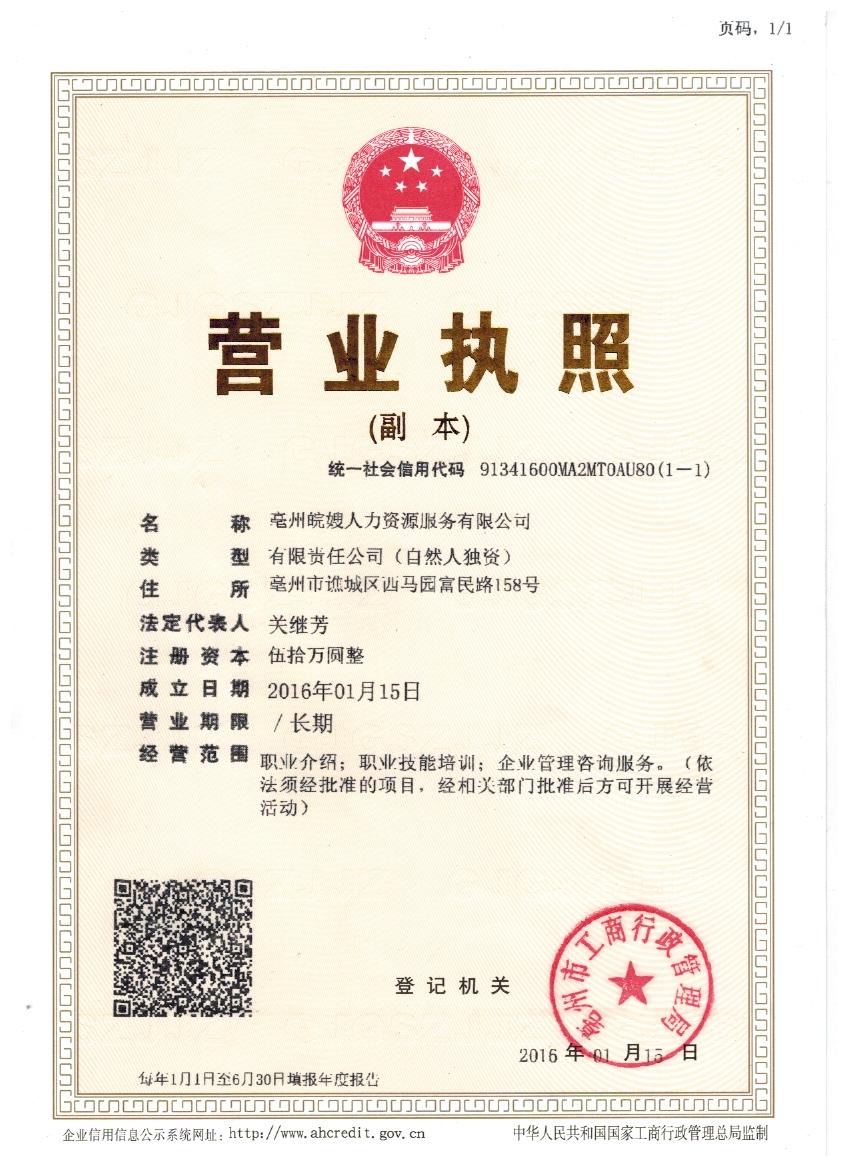 营业执照-亳州皖嫂家政服务-皖嫂人力资源有限公司